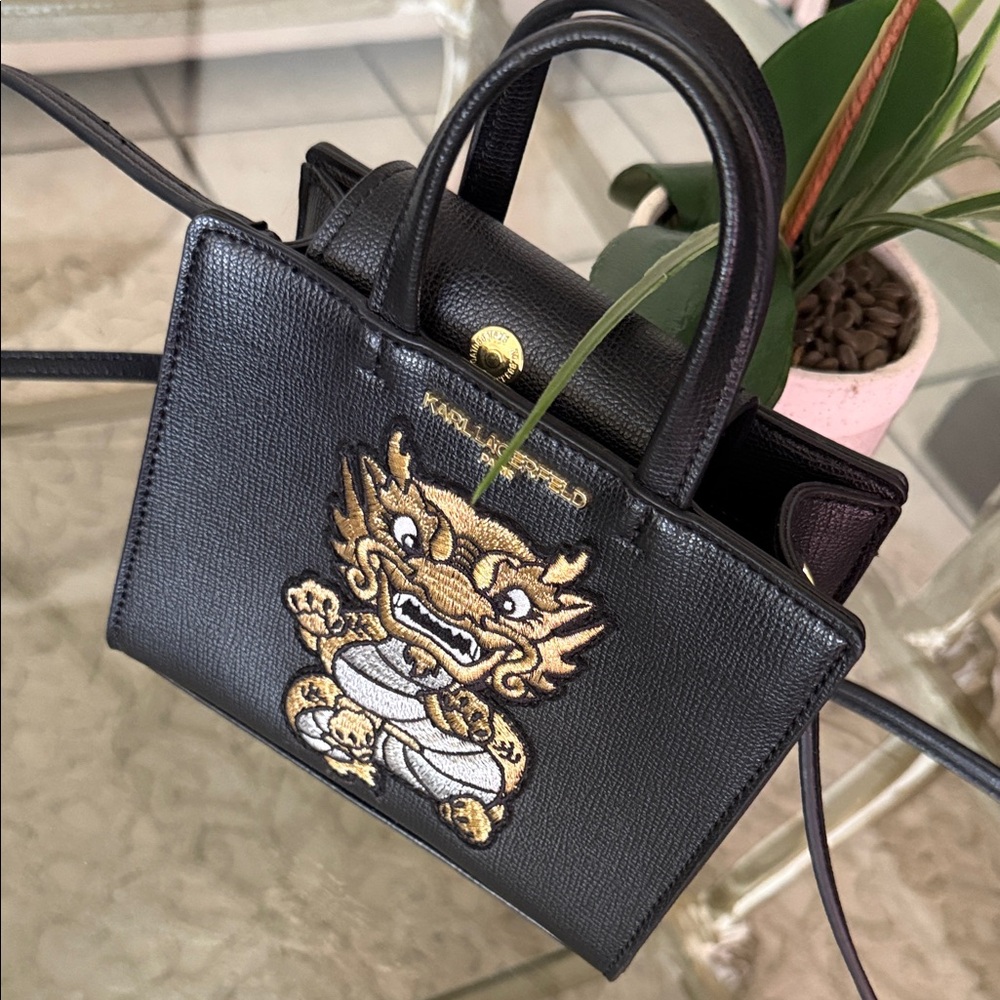 Karl Lagerfeld Black Mini Tote with Gold & White Embroidered Motif